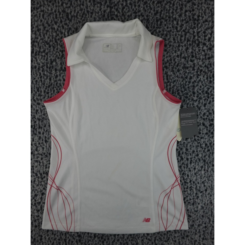 New Balance Womens Small White Pink Sleeveless Tech Polo Athletic Tank WFT9171